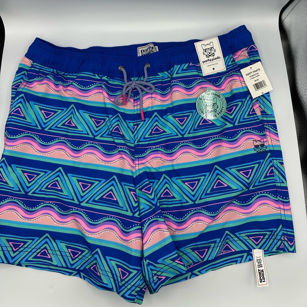 Party Pants Fiesta Stripe Men’s Swim Trunks Size XL New With Tags Neon Blue Pink